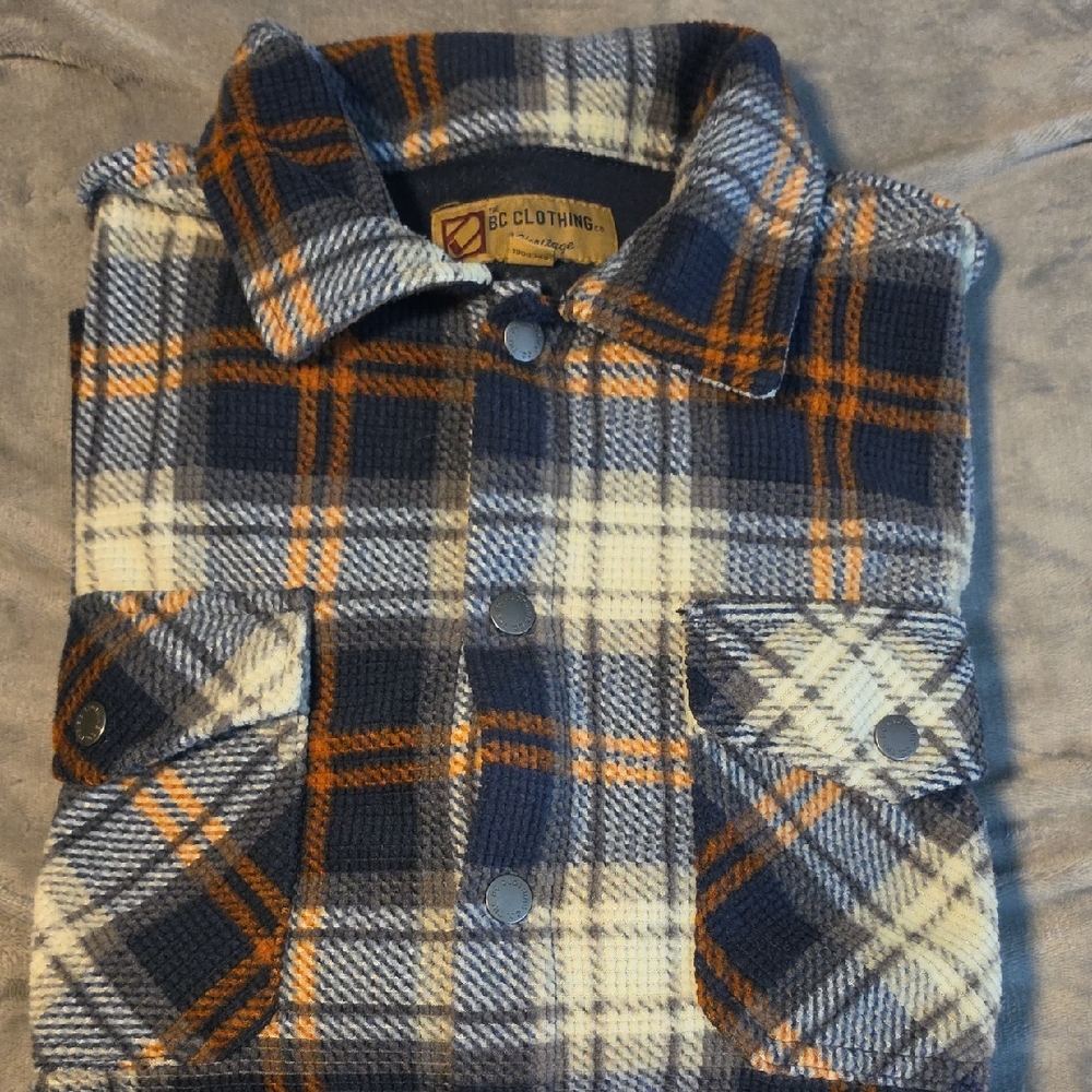 BC Clothing Navy, Cream & Orange Plaid Flannel